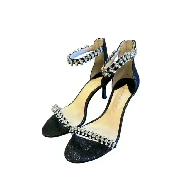 Antonio Melani Madalyn Black Rhinestone Ankle Strap Back Zip Leather Size 5 1/2, - Picture 2 of 8